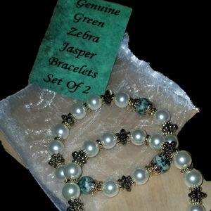 Green Zebra Jasper and Pearls Bracelet Set